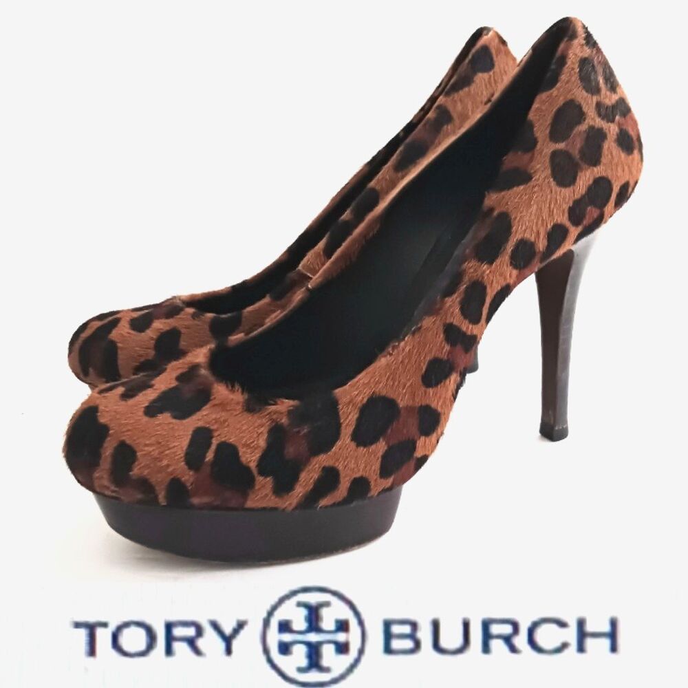 Tory Burch Camille Leopard Calf Hair Platform High Heel Pump 7M Dustbag